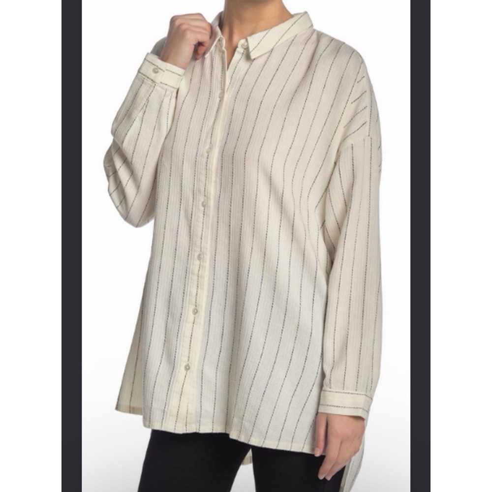 Eileen Fisher Cream Linen Button Up Oversized Tunic Boyfriend Shirt Striped S/M